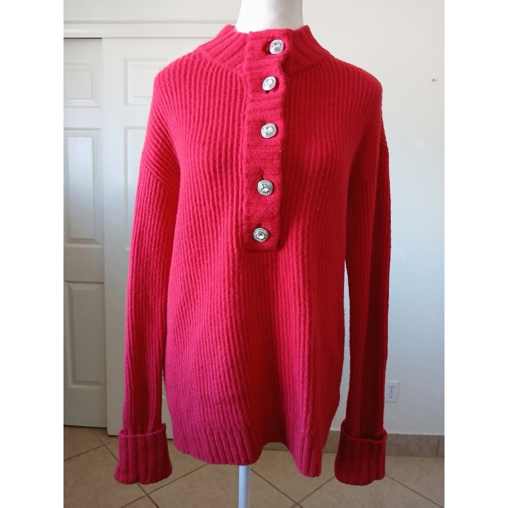 Talbots Red Ribbed Knit Sweater Jeweled Button Mock Neck Long Sleeve Size XS - Picture 2 of 16